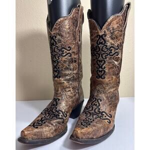 Corral Boots Women's Brown Cross Crackle Finish Snip Toe Western Boots - 9M